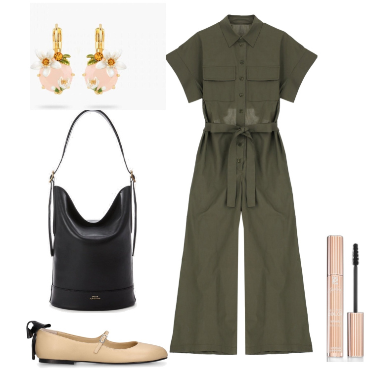 Outfit donna - In tuta subito pronta. Stile Basic per Tutti i giorni. Abbinamento con orecchini, mascara, tute, borse a secchiello, ballerine.