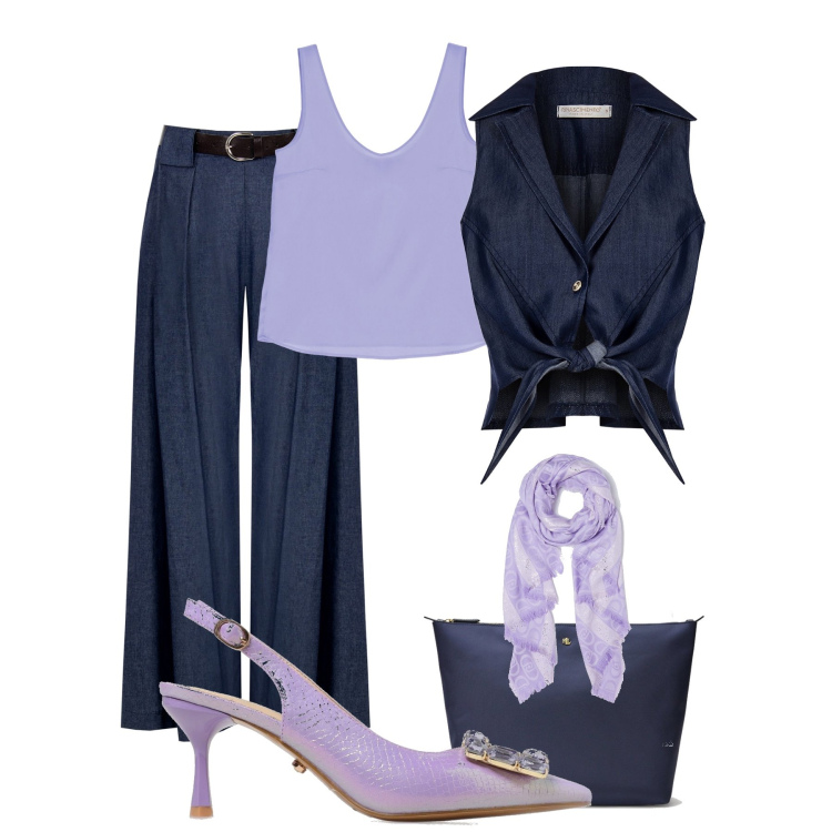 Outfit donna - Ufficio con stile. Stile Glamour per Ufficio. Abbinamento con pantaloni a palazzo, gilet, canottiere, borse tote, stole, décolleté.