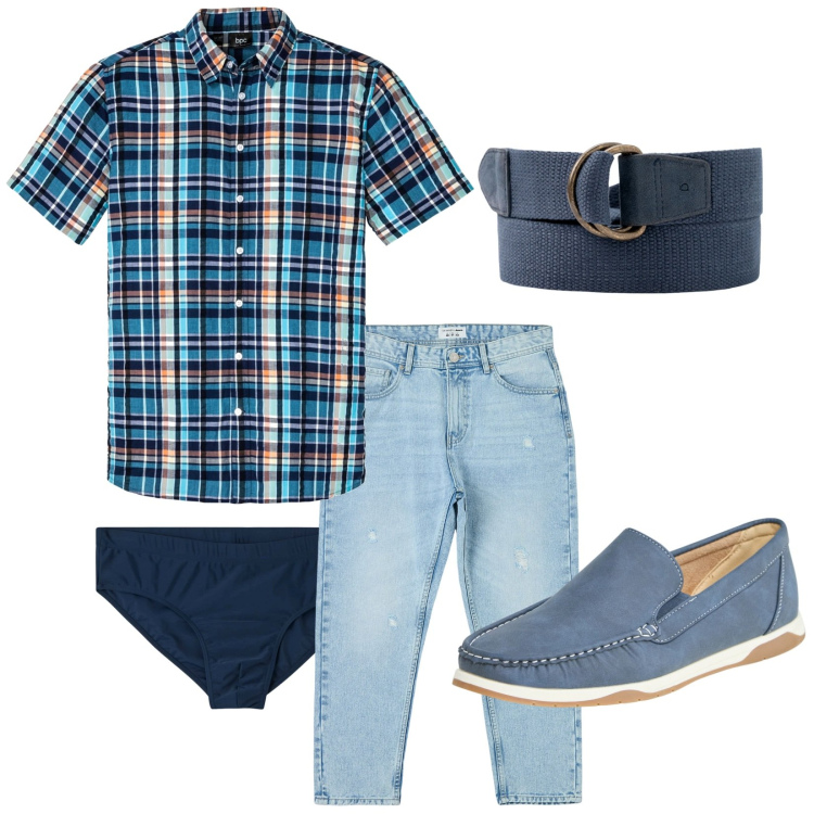 Outfit uomo - Total look #1878954. Stile Casual per Tutti i giorni. Abbinamento con camicie a manica corta, jeans strappati, scarpe stringate, slip, cinture.