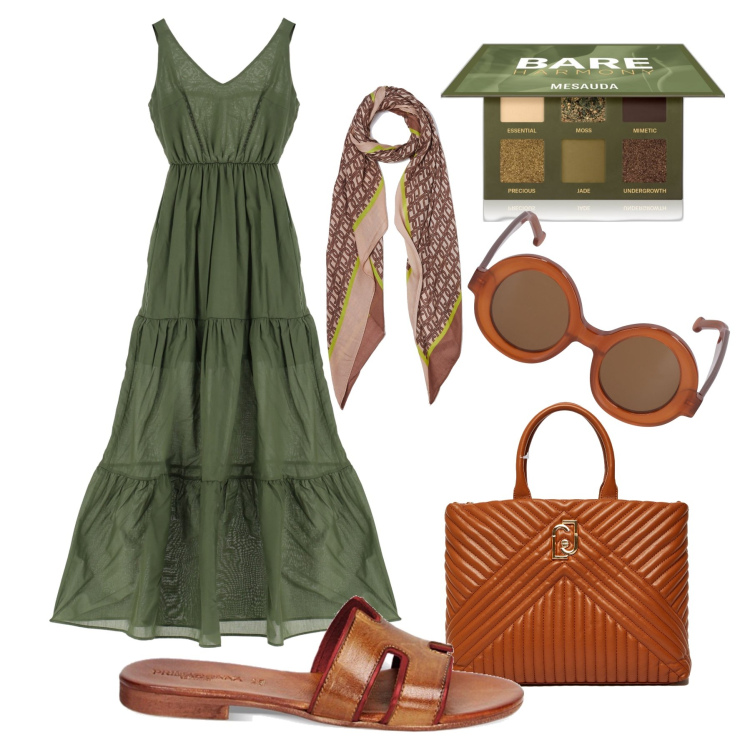 Outfit donna - Sole caldo di Domenica in città. Stile Trendy per Tutti i giorni. Abbinamento con ombretti, vestiti lunghi, sandali, borse a mano, occhiali da sole, foulard.