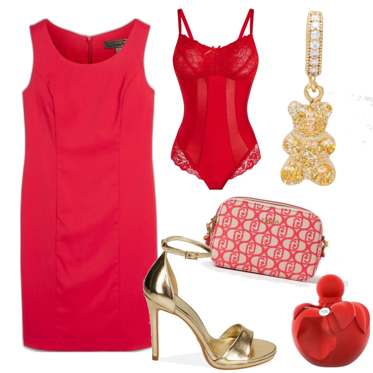 Outfit donna - Red. Stile Chic per Serata fuori. look ideale per Tall. Abbinamento con body, vestiti a tubino, collane, profumi, sandali col tacco, borse a tracolla.
