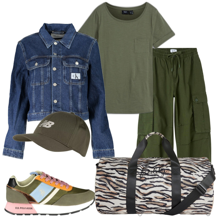 Outfit donna - Weekend in campagna. Stile Casual per Tutti i giorni. Abbinamento con t-shirt, pantaloni cargo, cappelli con visiera, borse sportive, scarpe sportive, giacche sportive.