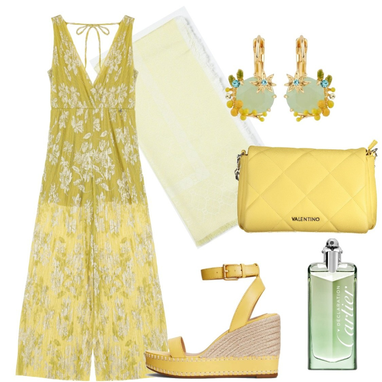 Outfit donna - Tuta fantasia floreale. Stile Chic per Cerimonia. Abbinamento con orecchini, profumi, espadrillas, tute, collane, sciarpe.