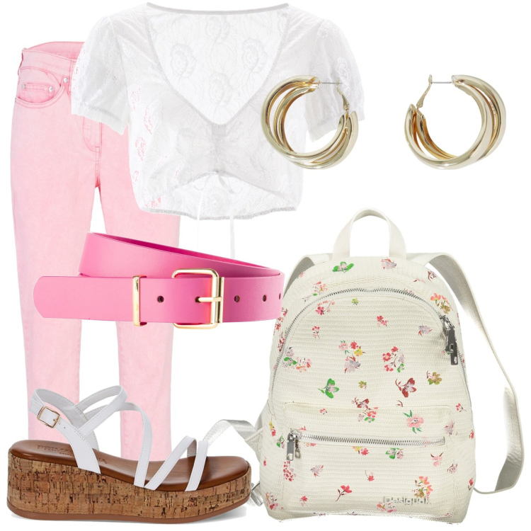 Outfit donna - Estate e pantaloni leggeri. Stile Casual per Tutti i giorni. Abbinamento con pantaloni, cinture, camicie, zeppe, orecchini, zaini.