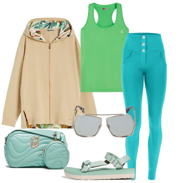 Outfit donna - Outfit sportivo. Stile Sporty chic per Sport. Abbinamento con pantaloni skinny, canottiere, felpe con cappuccio, sandali, borse a tracolla, occhiali da sole.