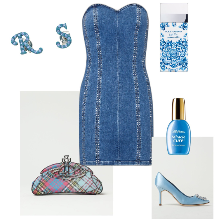 Outfit donna - Tubino con accessori WOW. Stile Sexy per Serata fuori. Abbinamento con orecchini, smalti, profumi, vestiti corti, clutch, décolleté.