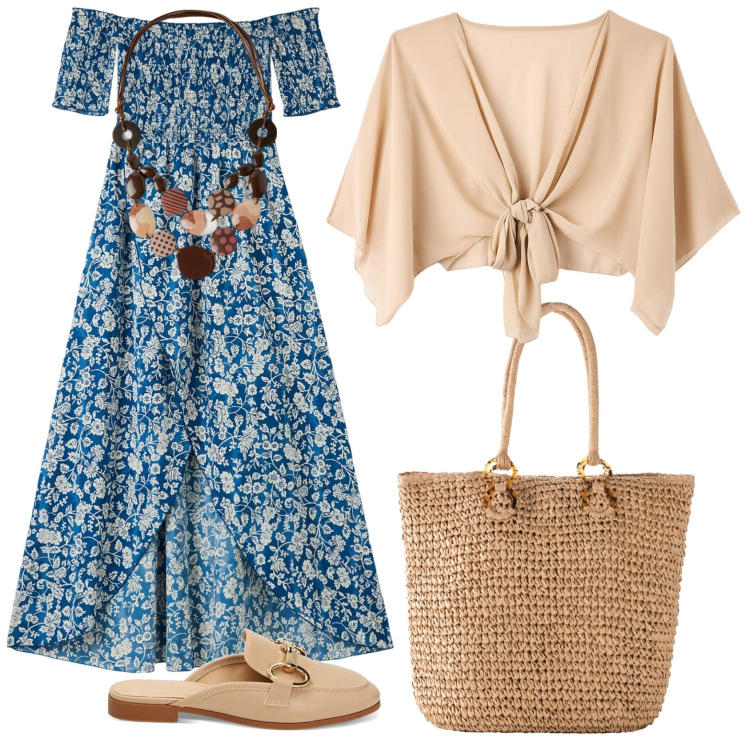 Outfit donna - Pranzo domenicale in agriturismo. Stile Casual chic per Serata fuori. Abbinamento con shopping bag, vestiti lunghi, blazer, sabot, collane.