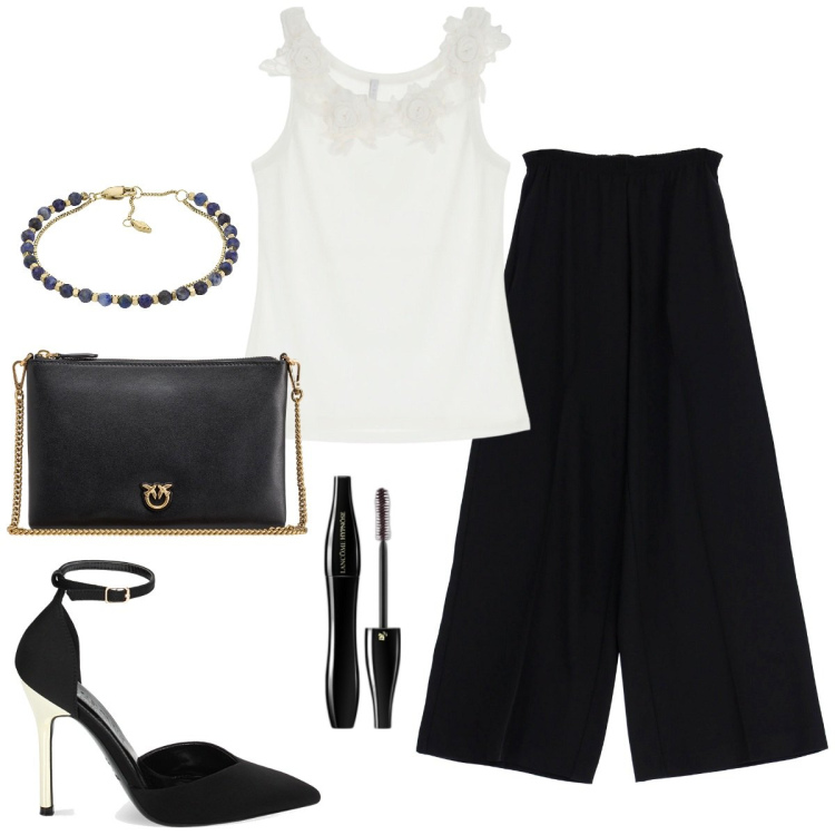 Outfit donna - Chic per la sera. Stile Chic per Serata fuori. Abbinamento con braccialetti, mascara, borse a tracolla, pantaloni, top, décolleté.
