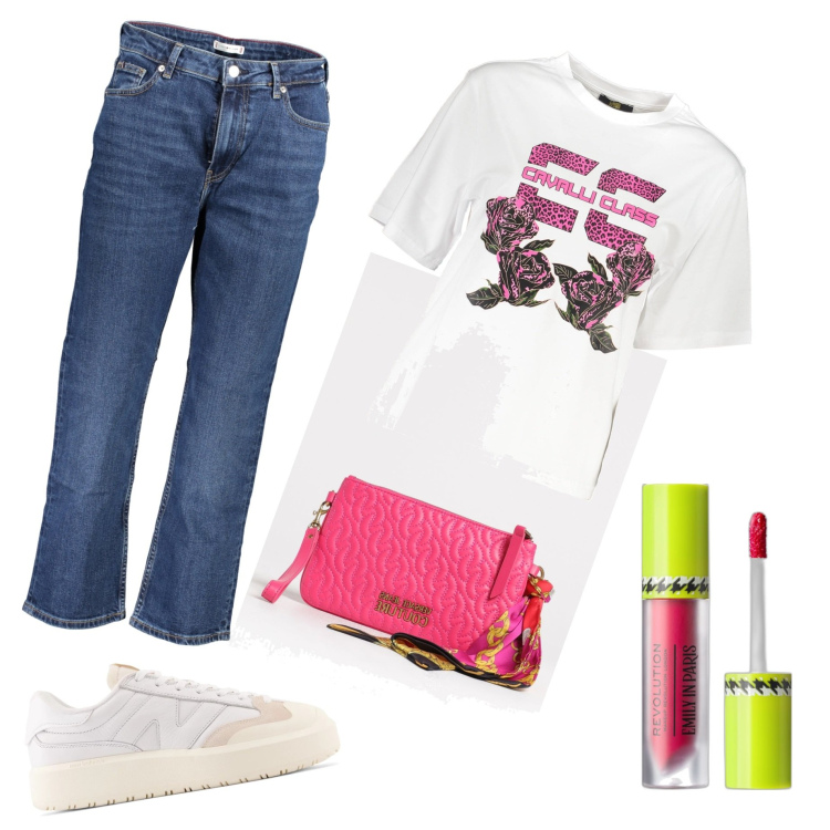 Outfit donna - Summer trendy. Stile Trendy per Scuola/Università. Abbinamento con rossetti, sneakers, jeans dritti, t-shirt, borse a tracolla.