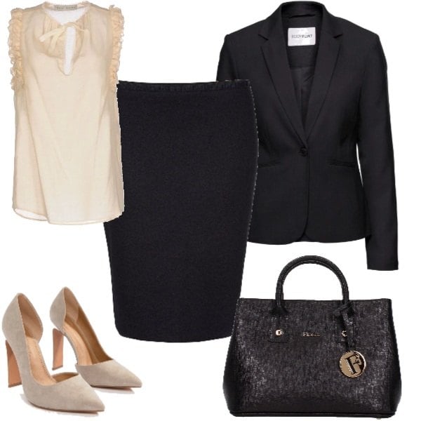 Outfit donna - Colloquio. Stile Chic per Ufficio. Abbinamento con top collo tondo tinta unita, blazer, borsa a mano con bottoni nero, décolleté con tacco alto pianta larga, gonna blu.