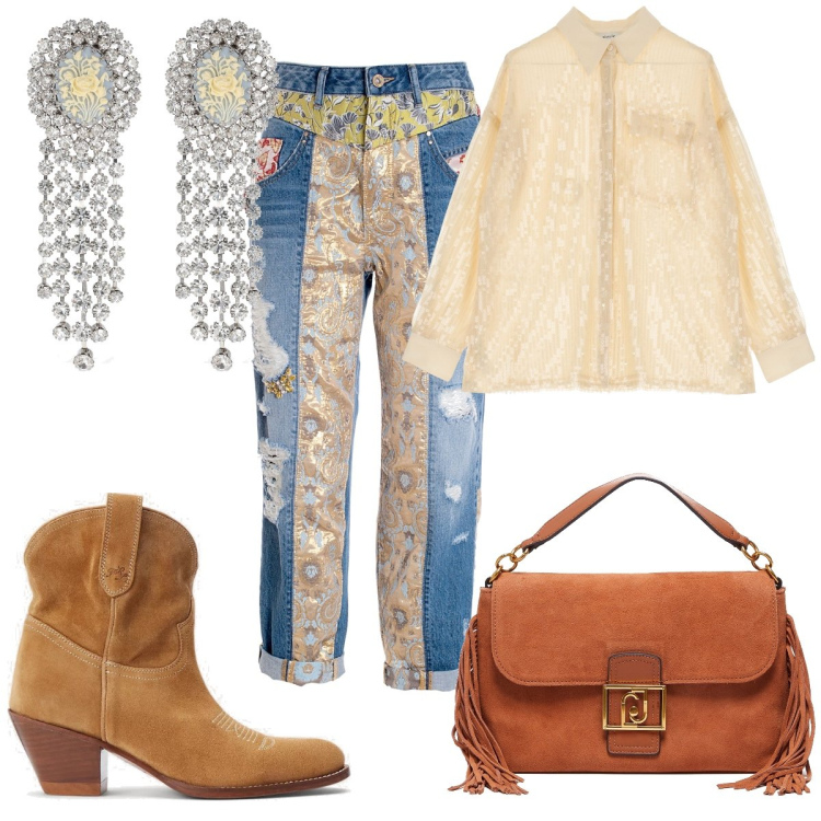 Outfit donna - Total look #1879100. Stile Etnico per Serata fuori. Abbinamento con jeans boyfriend, stivaletti, camicie, orecchini, borse a mano.