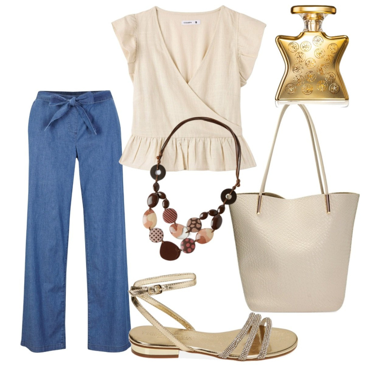 Outfit donna - Tuttigiorni. Stile Boho per Ufficio. Abbinamento con pantaloni, profumi, bluse, sandali gioiello, borse a spalla, collane.