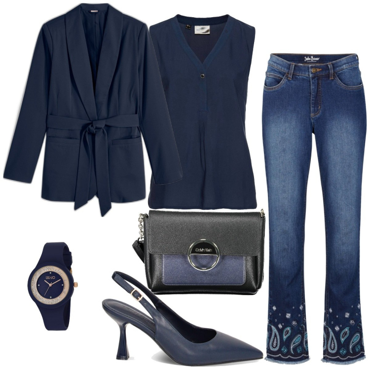 Outfit donna - Monocromo. Stile Casual per Tutti i giorni. Abbinamento con top, jeans dritti, blazer, décolleté, borse a tracolla, orologi.