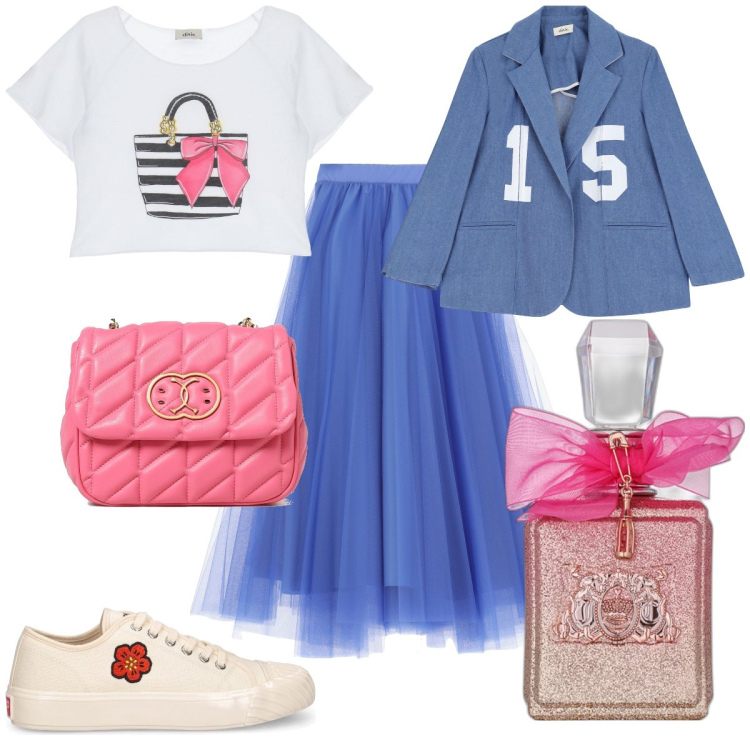 Outfit donna - Total look #1879129. Stile Preppy per Serata fuori. Abbinamento con profumi, gonne longuette, t-shirt, blazer, sneakers, borse a spalla.