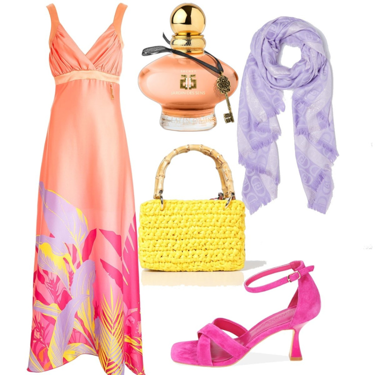 Outfit donna - Total look #1879133. Stile Chic per Cerimonia. Abbinamento con profumi, vestiti lunghi, sandali col tacco, pochette, stole.