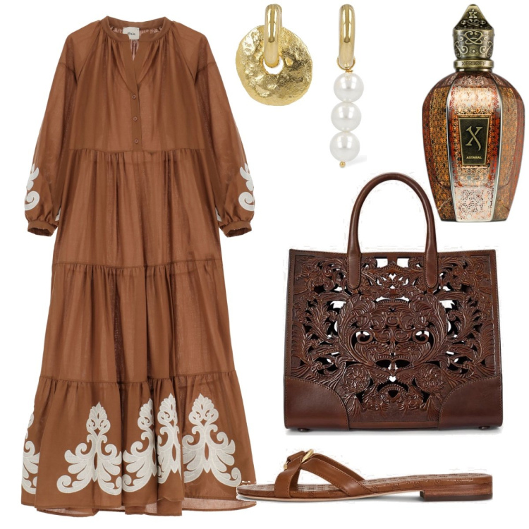 Outfit donna - Total look #1879141. Stile Etnico per Tutti i giorni. Abbinamento con profumi, vestiti lunghi, borse tote, ciabatte, orecchini.