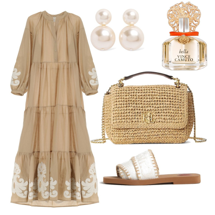 Outfit donna - Total look #1879153. Stile Boho per Serata fuori. Abbinamento con profumi, vestiti lunghi, borse a spalla, ciabatte, orecchini.