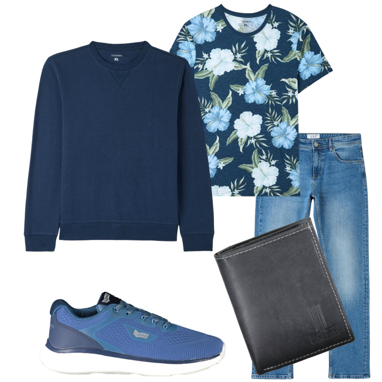 Outfit uomo - T-shirt con fiori. Stile Casual per Tutti i giorni. Abbinamento con t-shirt, jeans dritti, felpe, portafogli, sneakers.