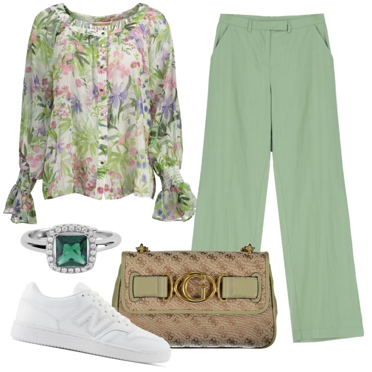 Outfit donna - Total look #1879169. Stile Sporty chic per Tutti i giorni. Abbinamento con anelli, sneakers, pantaloni, camicie, borse a tracolla.