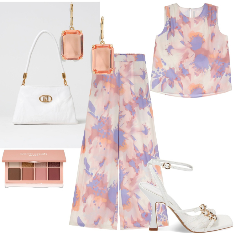 Outfit donna - Set pantaloni e top fantasia astratta. Stile Urban per Tutti i giorni. Abbinamento con ombretti, sandali col tacco, top, pantaloni, orecchini, borse a spalla.