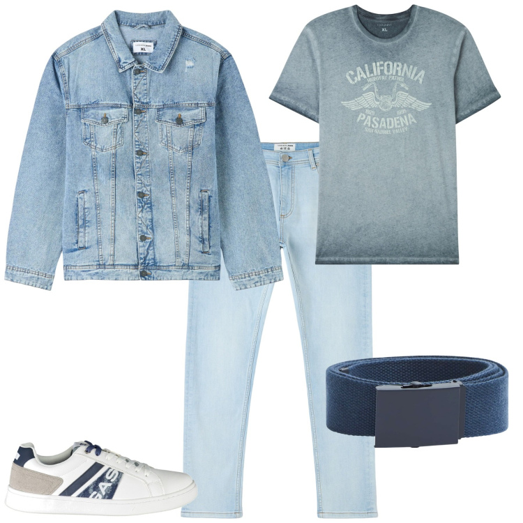 Outfit uomo - Urban sera fuori con gli amici. Stile Urban per Tutti i giorni. Abbinamento con t-shirt, jeans skinny, giacche, cinture, sneakers.