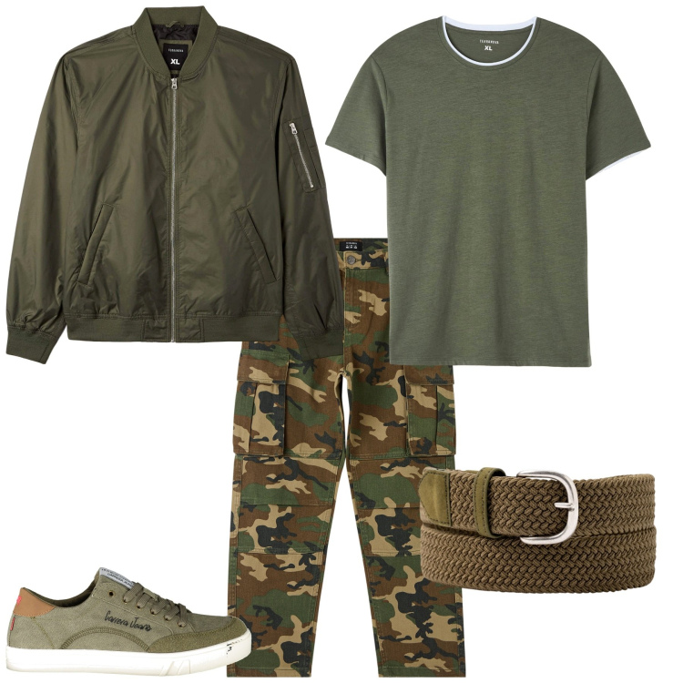 Outfit uomo - Urban serata speciale. Stile Urban per Serata speciale. Abbinamento con t-shirt, bomber, pantaloni cargo, sneakers, cinture.