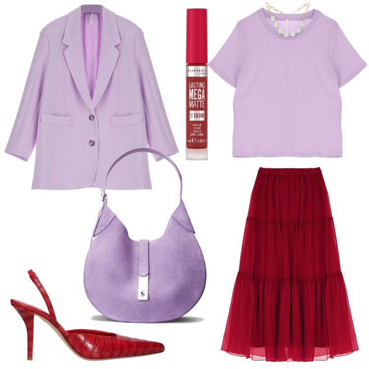 Outfit donna - Lilla e rosso. Stile Romantica per Serata fuori. Abbinamento con rossetti, t-shirt, blazer, borse a spalla, gonne lunghe, décolleté.