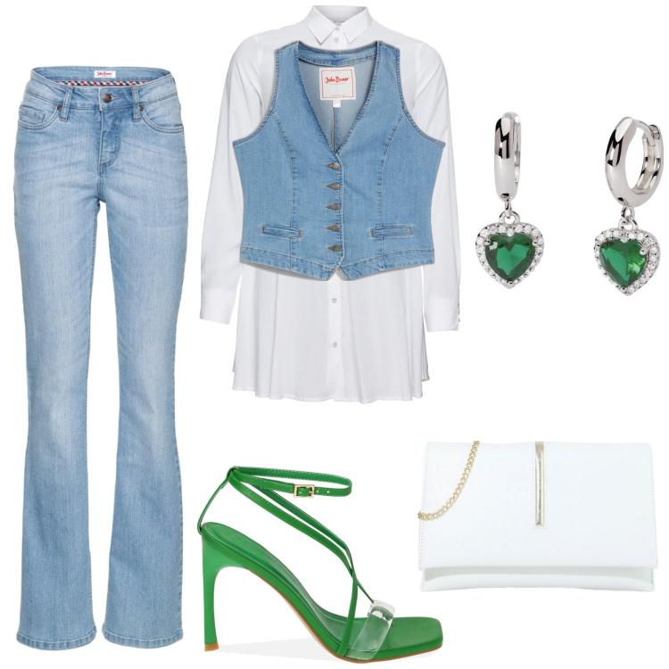 Outfit donna - Total look #1879211. Stile Trendy per Tutti i giorni. Abbinamento con jeans bootcut, camicie, gilet, orecchini, pochette, sandali col tacco.