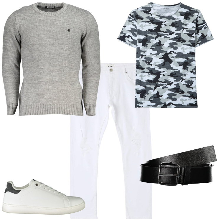 Outfit uomo - Casual serata speciale. Stile Casual per Serata speciale. Abbinamento con jeans strappati, t-shirt, maglieria, cinture, sneakers.