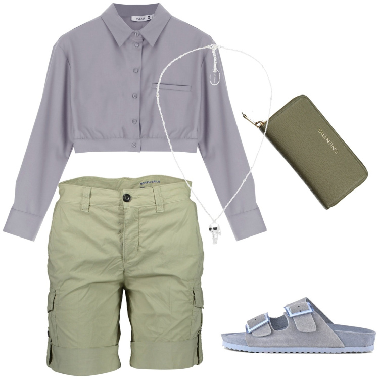 Outfit donna - Grigio e verde. Stile Casual per Tutti i giorni. look ideale per Petite. Abbinamento con collane, camicie, sandali, portafogli, bermuda.