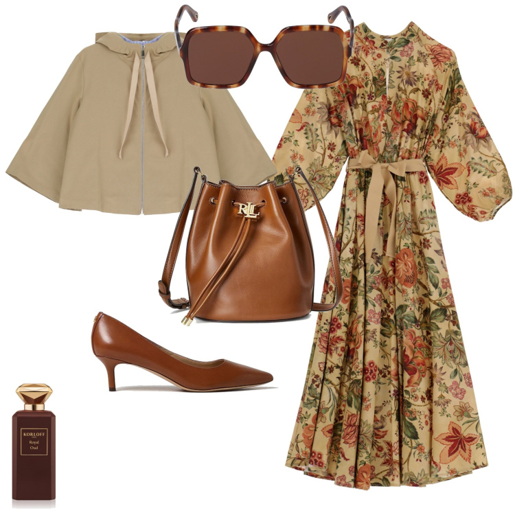 Outfit donna - Romantica chic cerimonia evento. Stile Romantica per Cerimonia. Abbinamento con profumi, borse a secchiello, vestiti lunghi, blazer, décolleté, occhiali da sole.