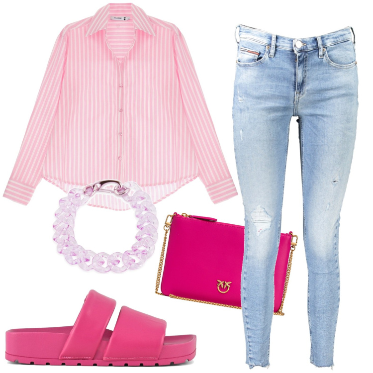 Outfit donna - Rosa e fuxia. Stile Bon Ton per Tutti i giorni. look ideale per Petite. Abbinamento con collane, camicie, borse a tracolla, ciabatte, jeans skinny.