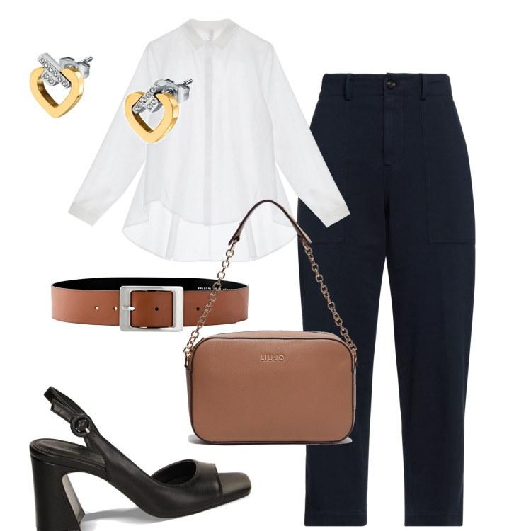 Outfit donna - Business casual. Stile Casual chic per Ufficio. Abbinamento con cinture, pantaloni, orecchini, camicie, sandali col tacco, borse a tracolla.