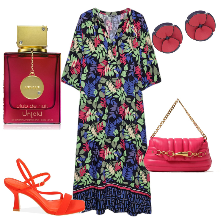 Outfit donna - Cena al ristorante. Stile Chic per Serata fuori. Abbinamento con orecchini, profumi, sandali col tacco, vestiti lunghi, borse a spalla.