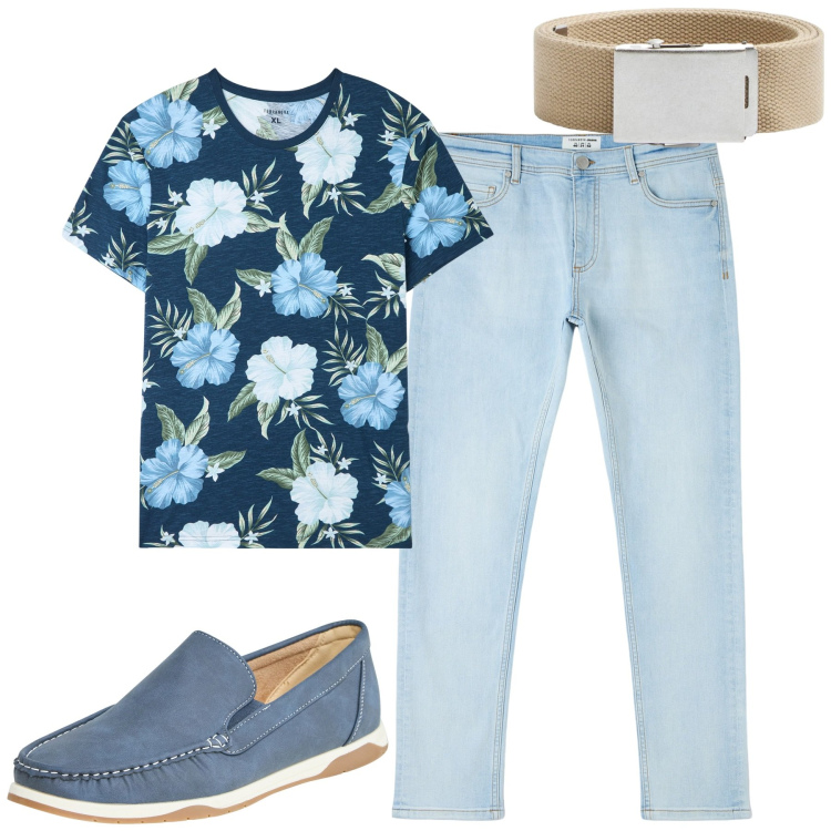 Outfit uomo - Estate. Stile Casual per Tutti i giorni. Abbinamento con jeans skinny, t-shirt, scarpe stringate, cinture.