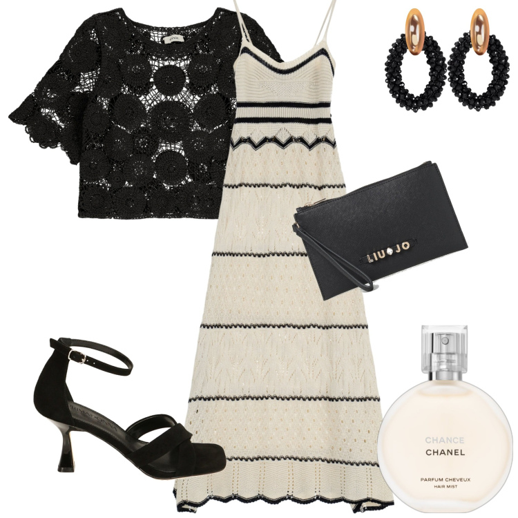 Outfit donna - Cerimonia al lago. Stile Chic per Cerimonia. Abbinamento con orecchini, profumi, vestiti lunghi, sandali col tacco, maglieria, clutch.