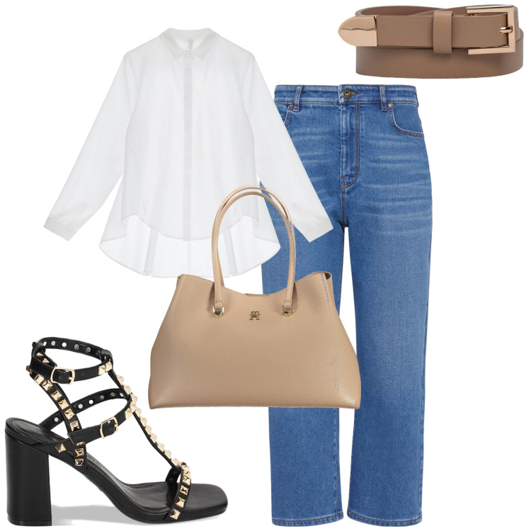 Outfit donna - City. Stile Casual chic per Tutti i giorni. Abbinamento con camicie, sandali col tacco, cinture, jeans dritti, borse a spalla.