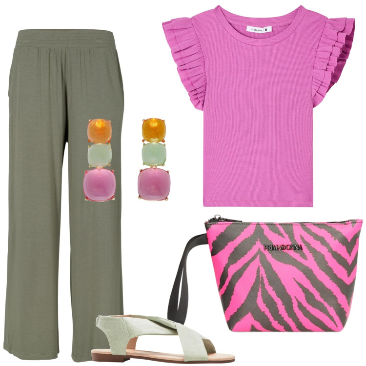 Outfit donna - Verde e fucsia. Stile Casual per Tutti i giorni. Abbinamento con pantaloni, sandali, t-shirt, valigie, orecchini.
