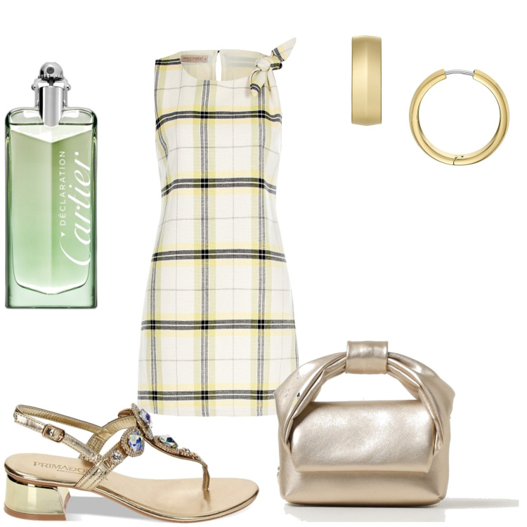 Outfit donna - Abito Trapezio a quadri. Stile Trendy per Tutti i giorni. Abbinamento con orecchini, profumi, vestiti lunghi, sandali gioiello, borse a tracolla.
