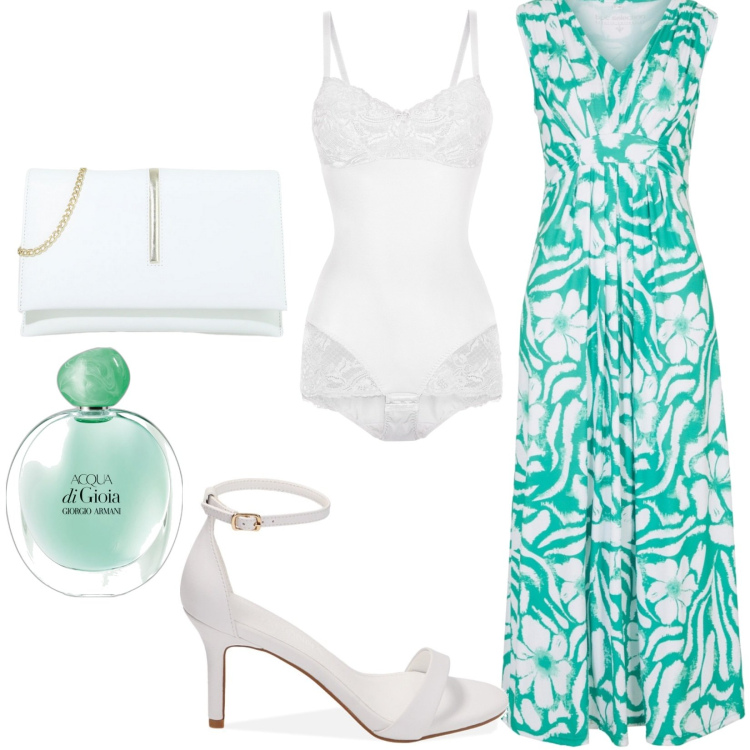 Outfit donna - Total look #1879348. Stile Chic per Tutti i giorni. Abbinamento con vestiti lunghi, body, profumi, pochette, sandali col tacco.