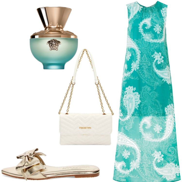 Outfit donna - Total look #1879350. Stile Chic per Tutti i giorni. Abbinamento con vestiti lunghi, profumi, borse a tracolla, sandali.