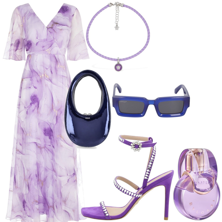 Outfit donna - Total look #1879352. Stile Chic per Tutti i giorni. Abbinamento con profumi, vestiti lunghi, occhiali da sole, borse a mano, collane, sandali col tacco.