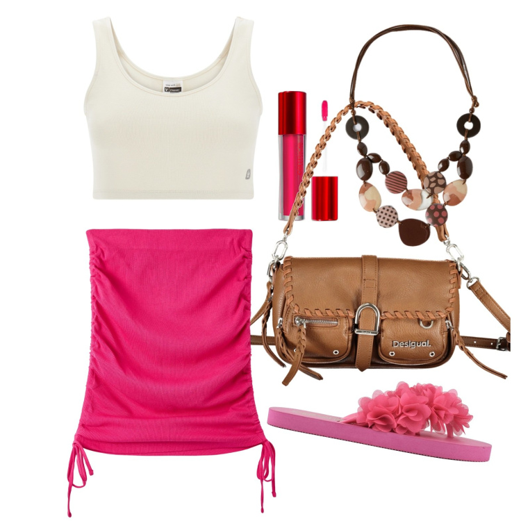 Outfit donna - Ghost outfitter - maggio. Stile Trendy per Tutti i giorni. Abbinamento con rossetti, gonne, top, borse a spalla, infradito, collane.