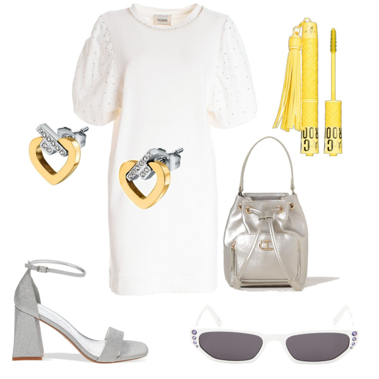 Outfit donna - Trendy. Stile Trendy per Tutti i giorni. Abbinamento con orecchini, mascara, vestiti, sandali col tacco, occhiali da sole, borse a secchiello.