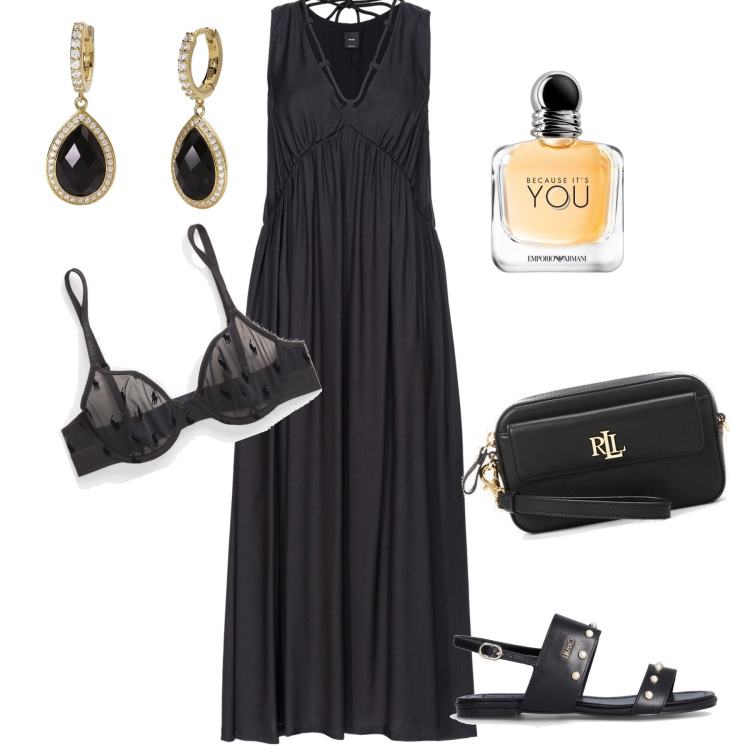 Outfit donna - Re Giorgio docet(serata con scarpe flat). Stile Chic per Serata fuori. Abbinamento con profumi, orecchini, vestiti lunghi, pochette, reggiseni, sandali gioiello.