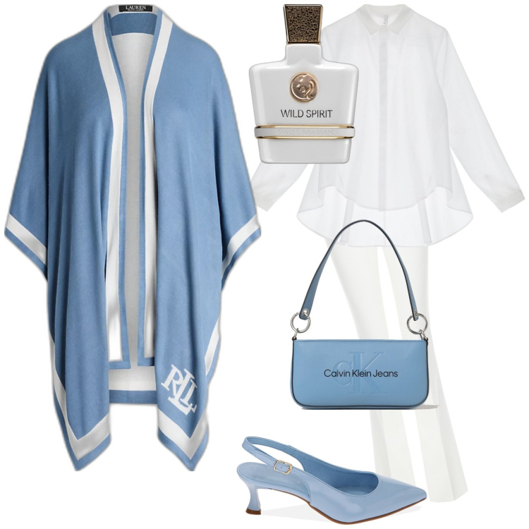 Outfit donna - Total look #1879405. Stile Casual chic per Tutti i giorni. Abbinamento con profumi, pantaloni, camicie, décolleté, cappe, borse a spalla.