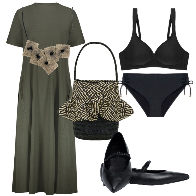 Outfit donna - La secchiello in paglia. Stile Bon Ton per Serata fuori. Abbinamento con ciondoli, borse a secchiello, ballerine, vestiti midi/longuette, culotte, reggiseni.