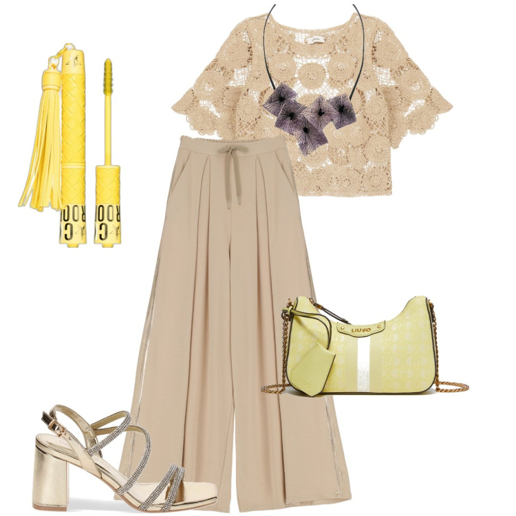 Outfit donna - Chic di giorno. Stile Casual chic per Tutti i giorni. Abbinamento con ciondoli, mascara, sandali gioiello, maglieria, pantaloni a palazzo, borse a tracolla.