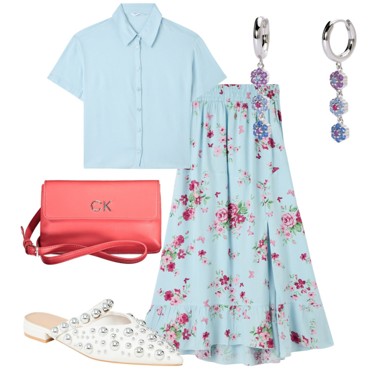 Outfit donna - Rose di maggio. Stile Preppy per Tutti i giorni. Abbinamento con camicie a manica corta, ballerine, gonne lunghe, orecchini, borse a tracolla.
