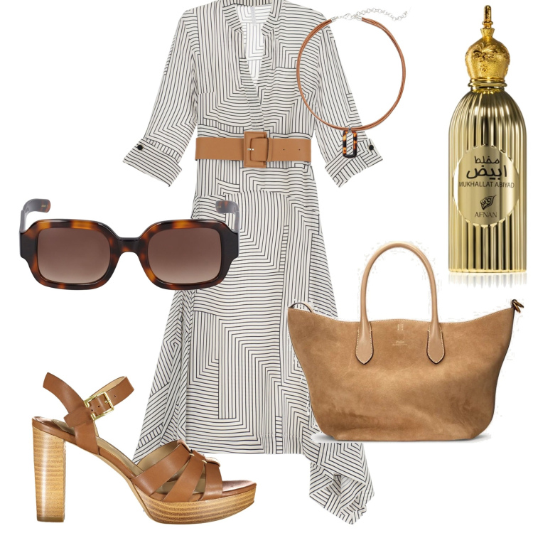 Outfit donna - In città. Stile Casual chic per Tutti i giorni. Abbinamento con profumi, vestiti asimmetrici, ciondoli, borse tote, sandali col tacco, occhiali da sole.